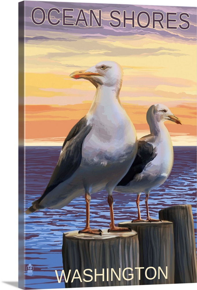 Ocean Shores, Washington - Seagulls: Retro Travel Poster