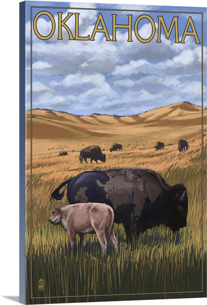 Oklahoma - Buffalo and Calf: Retro Travel Poster