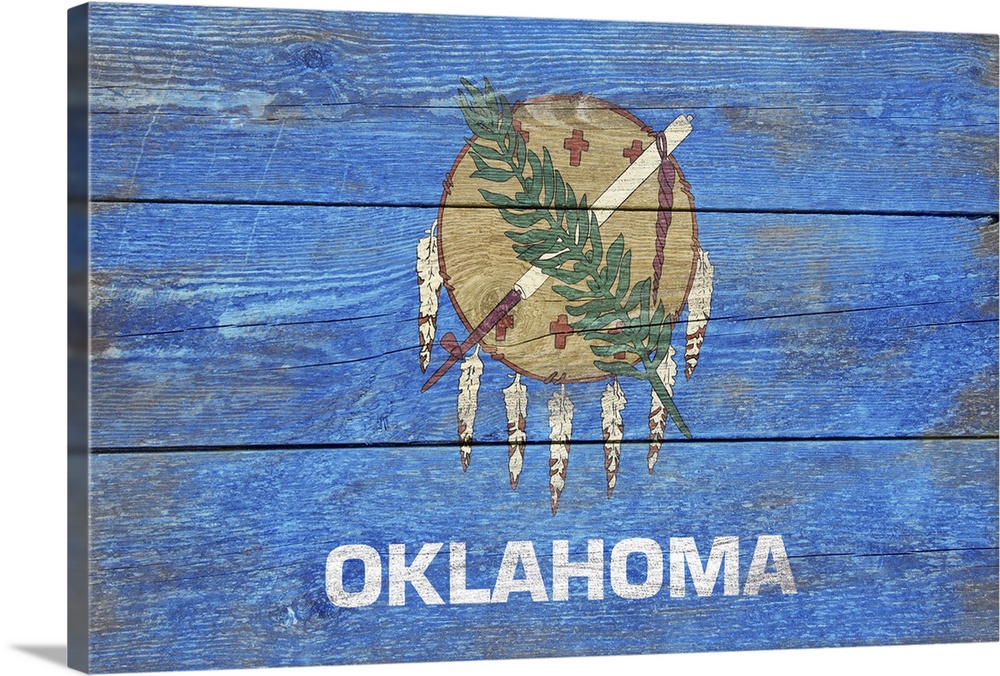 The flag of Oklahoma with a weathered wooden board effect.
