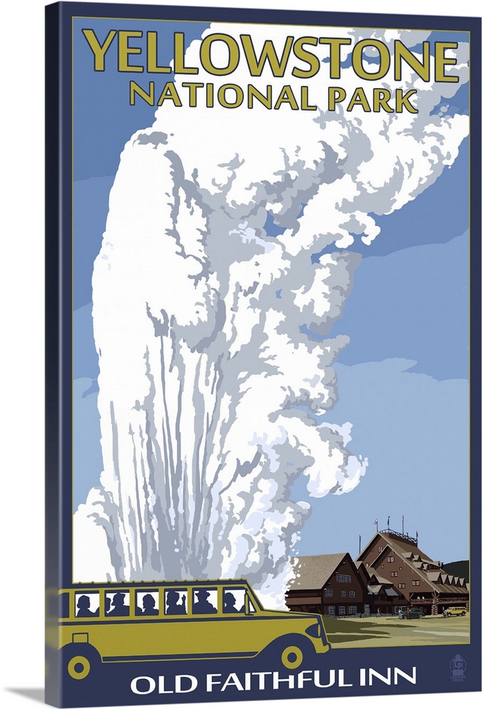 Old Faithful Lodge and Bus - Yellowstone National Park: Retro Travel Poster