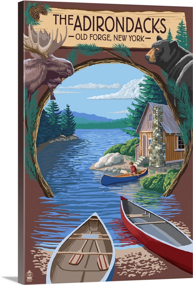 Old Forge, New York - The Adirondacks Scene: Retro Travel Poster