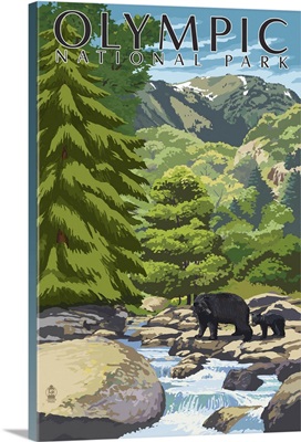 Olympic National Park, Bear And Cub Crossing River: Retro Travel Poster