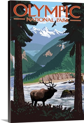 Olympic National Park, Moose In Wilderness: Retro Travel Poster
