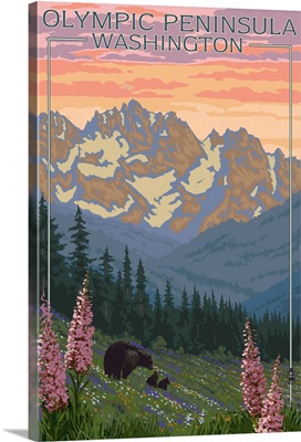 Olympic Peninsula, Washington - Bears and Spring Flowers: Retro Travel Poster