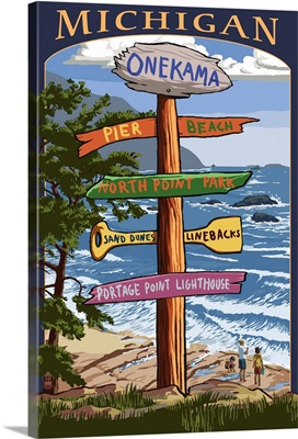 Onekama, Michigan - Sign Post: Retro Travel Poster
