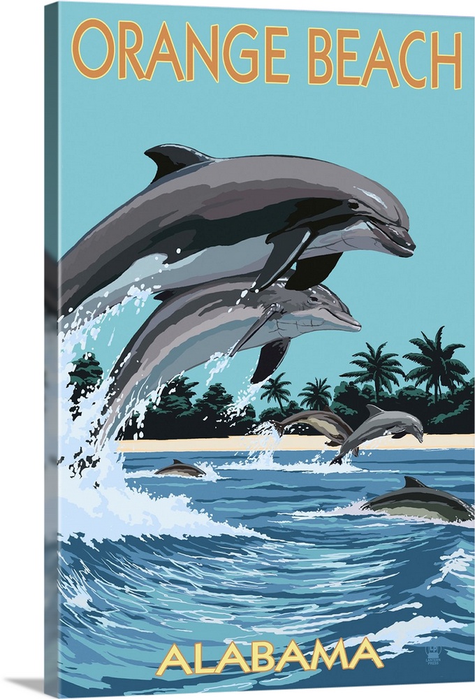 Orange Beach, Alabama - Dolphins Jumping: Retro Travel Poster