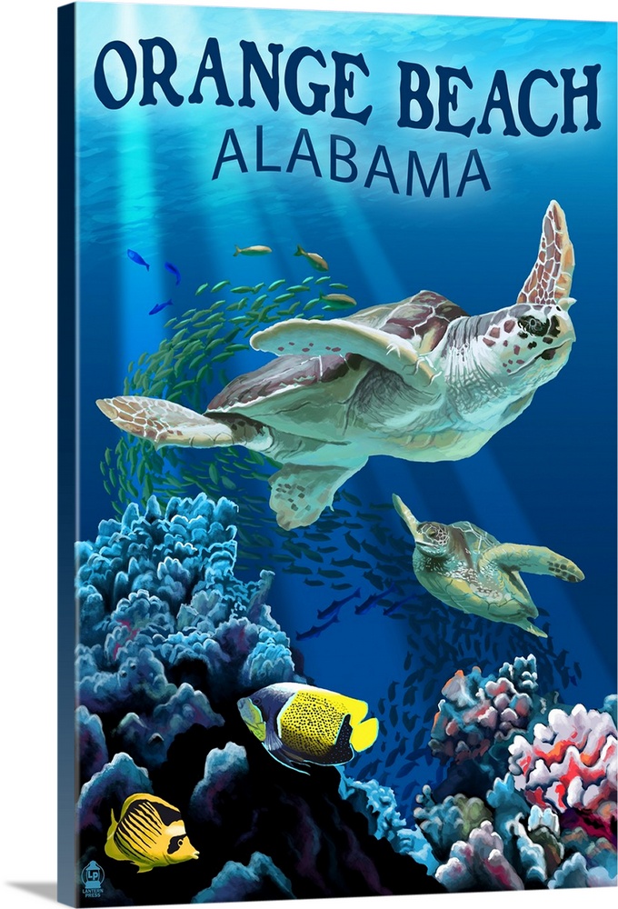 Orange Beach, Alabama - Sea Turtles Swimming: Retro Travel Poster