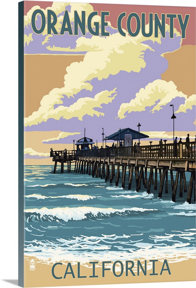 Orange County, California - Pier and Sunset: Retro Travel Poster