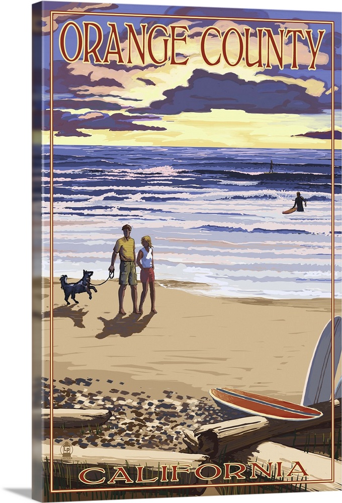 Orange County, California - Sunset Beach Scene: Retro Travel Poster