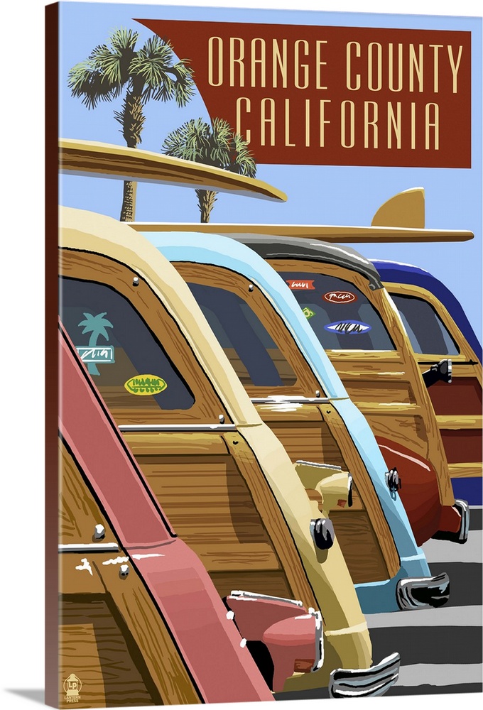 Orange County, California - Woodies Lined Up: Retro Travel Poster