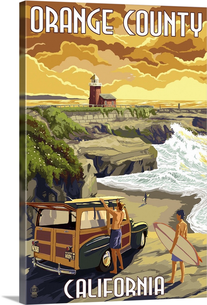 Orange County, California - Woody and Beach: Retro Travel Poster