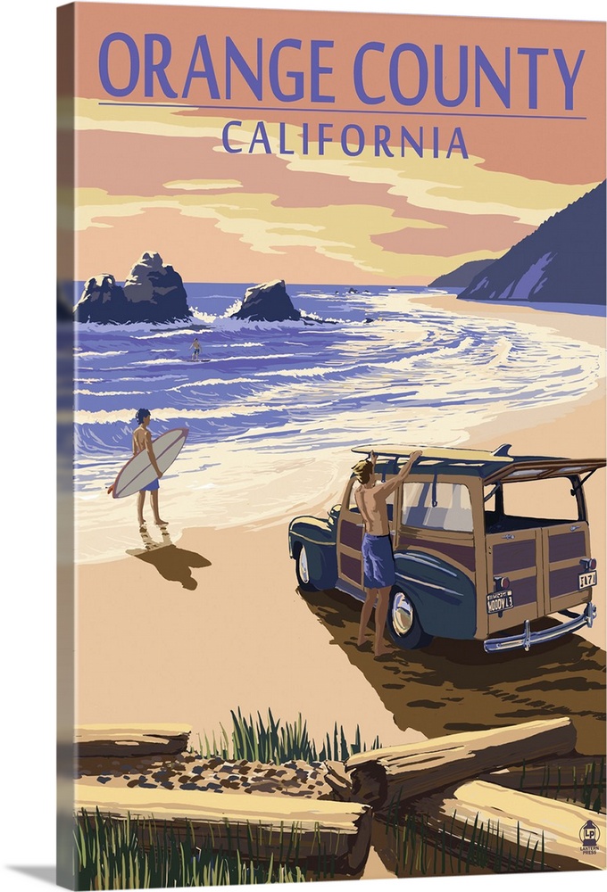 Orange County, California - Woody on Beach: Retro Travel Poster