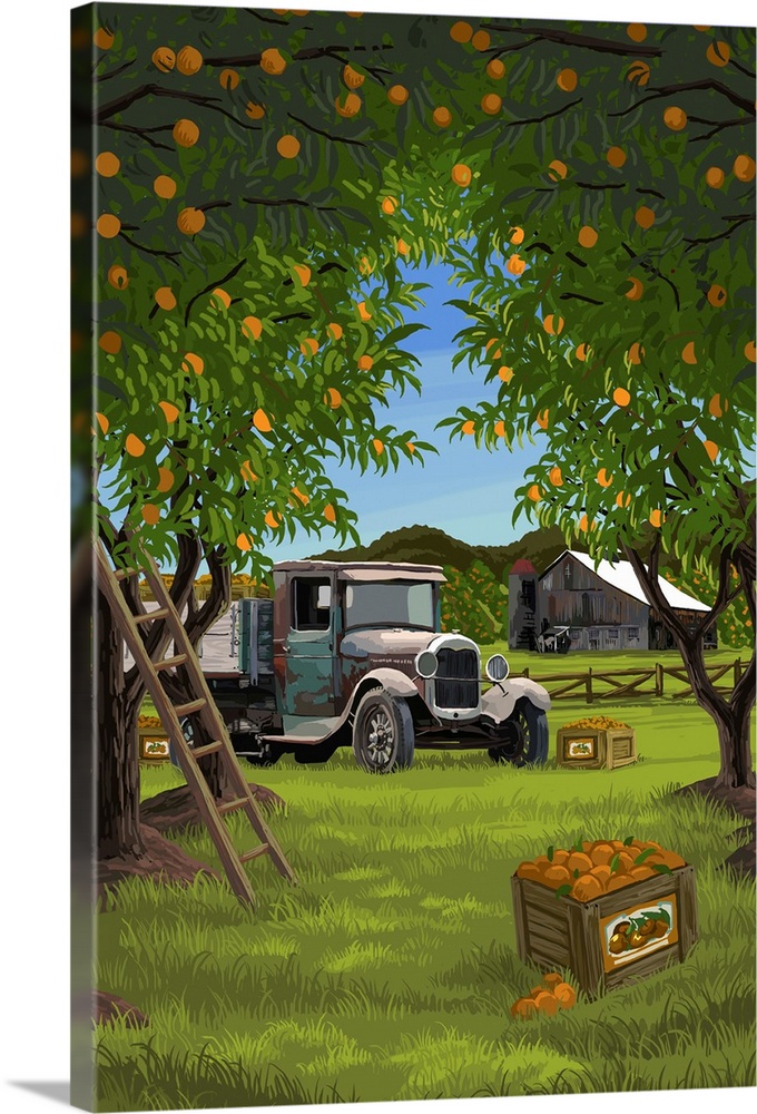 Retro stylized art poster of an orange orchard in harvest, with an old wooden ladder and vintage truck in the background.