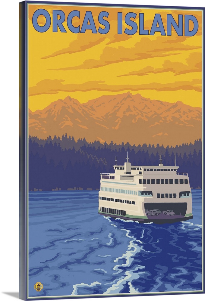 Orcas Island, WA - Ferry and Mountains: Retro Travel Poster