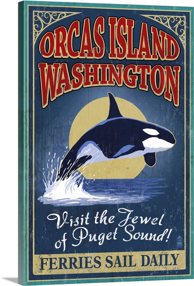 Orcas Island, WA - Orca Whale Vintage Sign: Retro Travel Poster