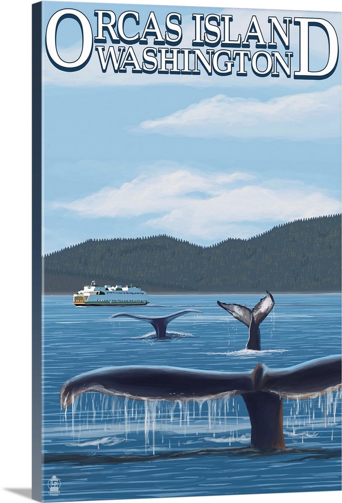 Orcas Island, WA - Whales and Ferry: Retro Travel Poster