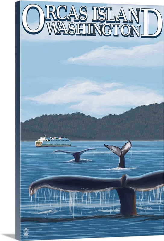 Orcas Island, WA - Whales and Ferry: Retro Travel Poster | Great Big Canvas