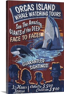 Orcas Island, Washington - Orca Whale Watching Vintage Sign: Retro Travel Poster