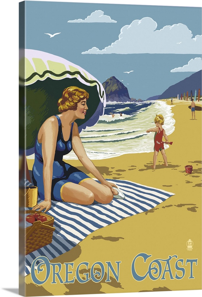 Oregon Coast Beach Scene: Retro Travel Poster