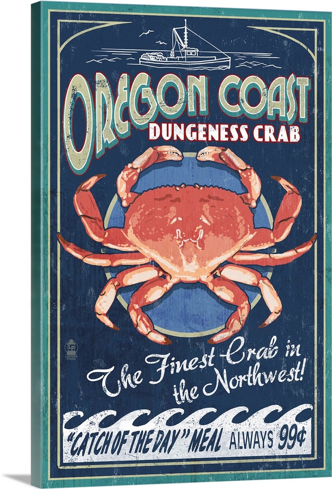 Oregon Coast - Dungeness Crab Vintage Sign: Retro Travel Poster