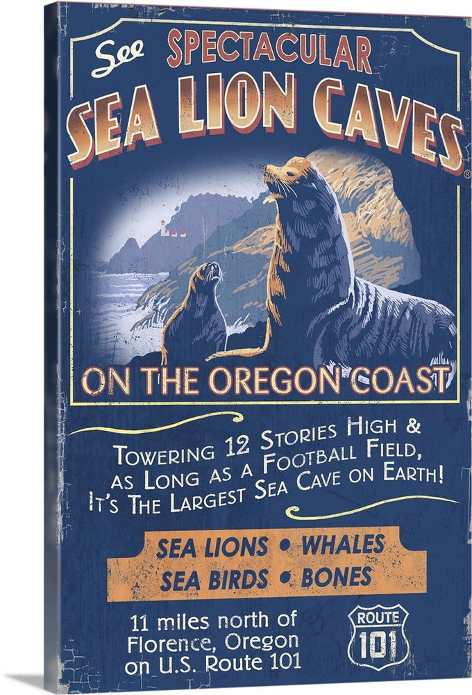 Retro stylized art poster of a vintage sign of sea lions in a coastal scene.