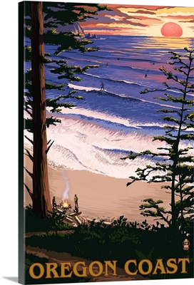 Oregon Coast Sunset Surfers: Retro Travel Poster