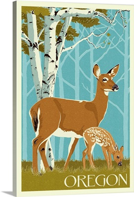 Oregon - Deer and Fawn - Letterpress: Retro Travel Poster