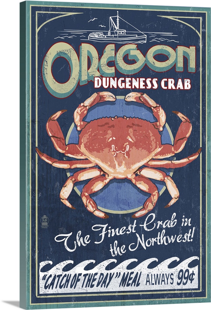 Oregon - Dungeness Crab Vintage Sign: Retro Travel Poster