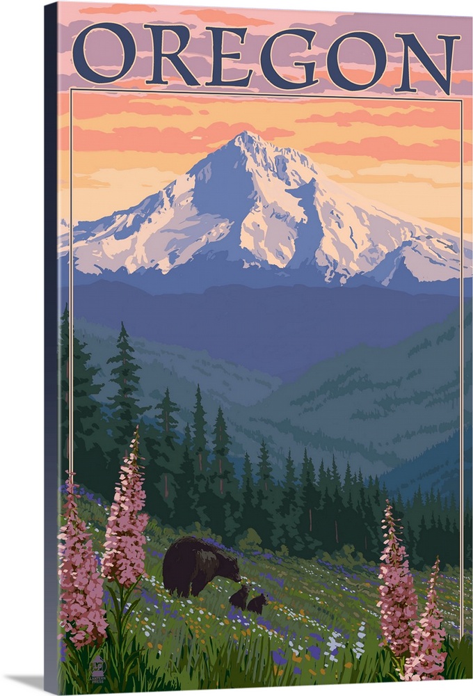 Oregon - Mt. Hood Bear Family and Spring Flowers: Retro Travel Poster