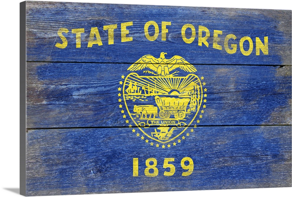 The flag of Oregon with a weathered wooden board effect.