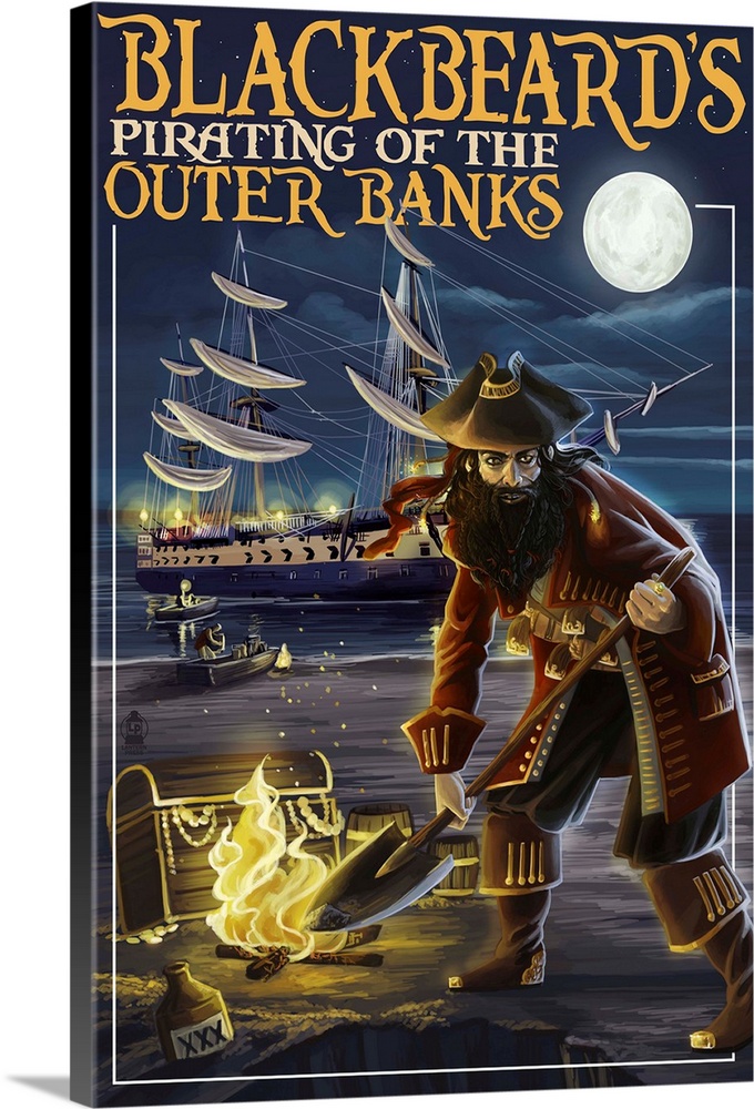 Outer Banks, North Carolina - Blackbeard Pirate: Retro Travel Poster