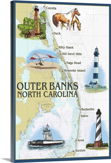 Outer Banks, North Carolina - Nautical Chart: Retro Travel Poster Wall Art, Canvas Prints ...