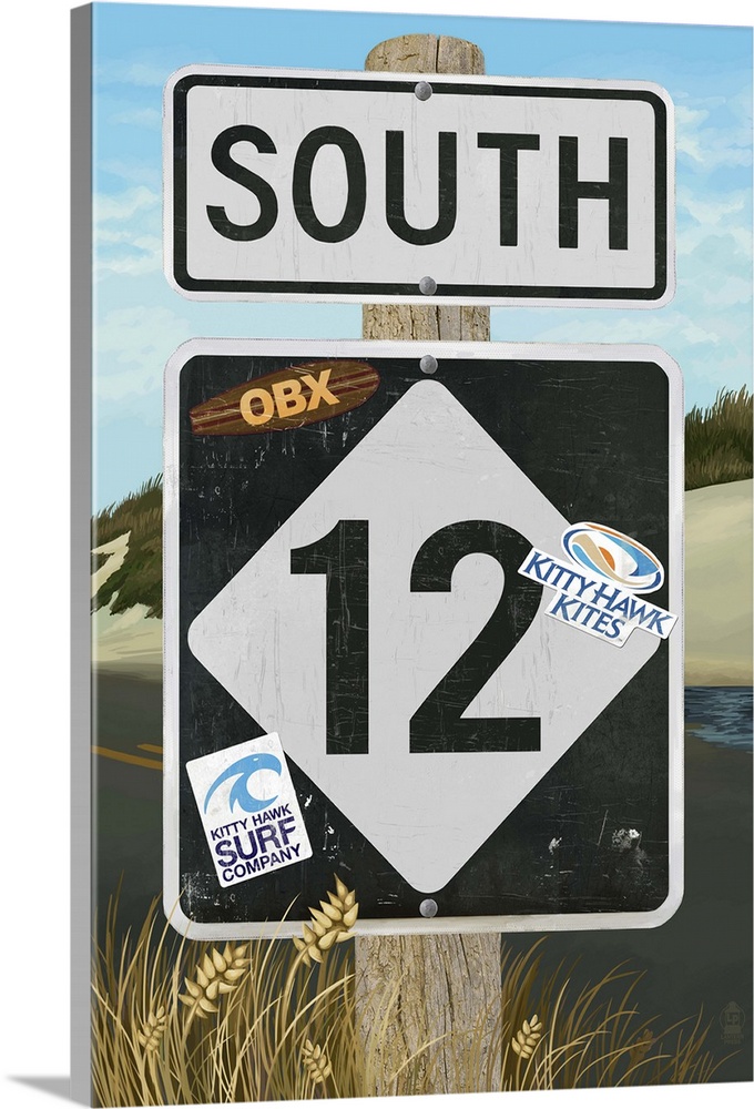 Outer Banks, North Carolina - Route 12 Sign: Retro Travel Poster