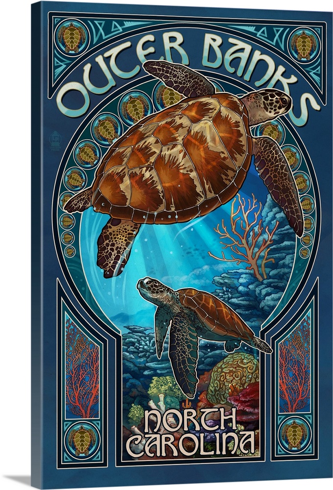 Outer Banks - North Carolina - Sea Turtle Art Nouveau: Retro Travel Poster