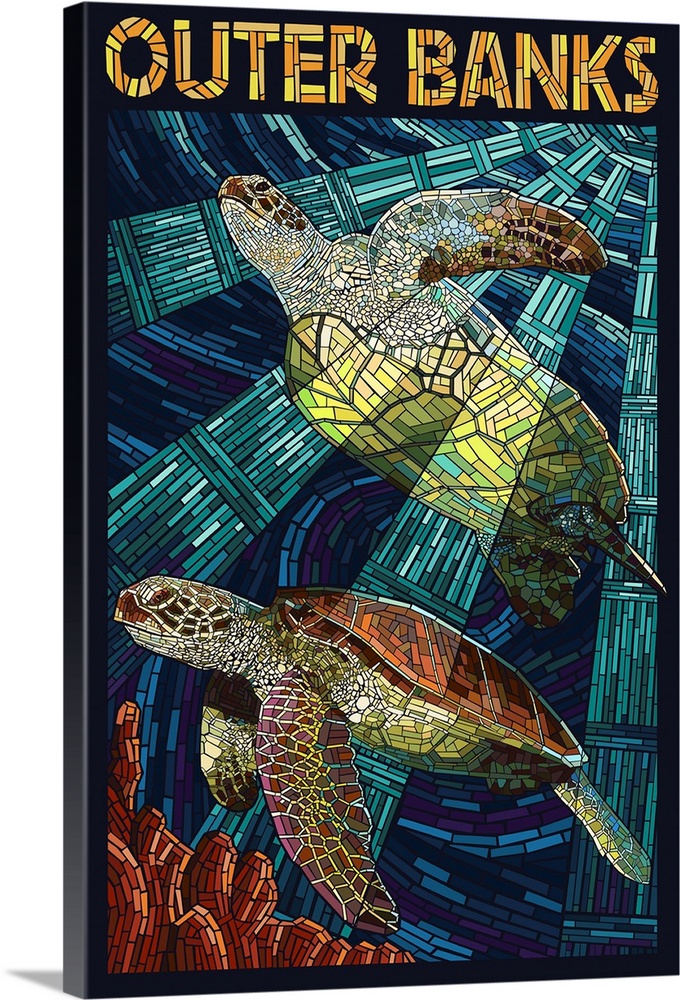 Outer Banks, North Carolina - Sea Turtle Mosaic: Retro Travel Poster