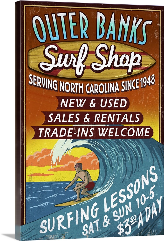 Outer Banks, North Carolina - Surf Shop Vintage Sign: Retro Travel Poster