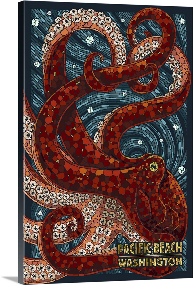 Pacific Beach, Washington - Octopus Mosaic: Retro Travel Poster