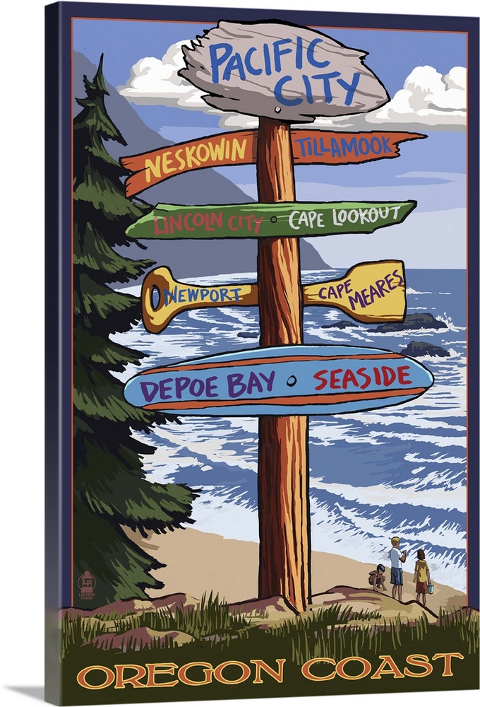 Pacific City, Oregon Destinations Sign: Retro Travel Poster