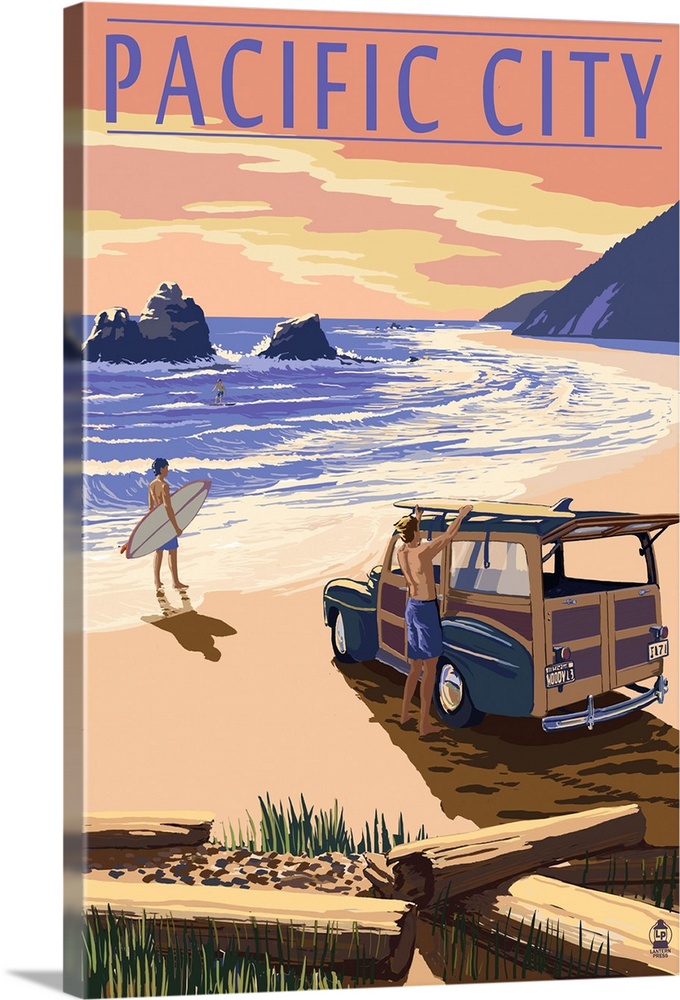 Pacific City, Oregon - Woody on Beach: Retro Travel Poster