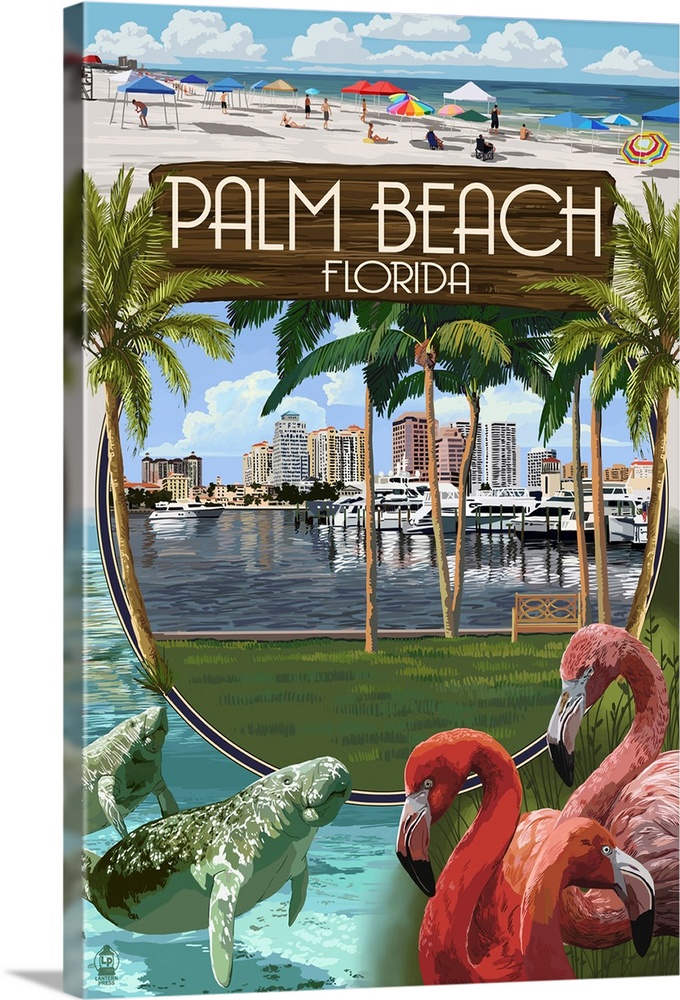 Palm Beach, Florida - Montage Scenes: Retro Travel Poster