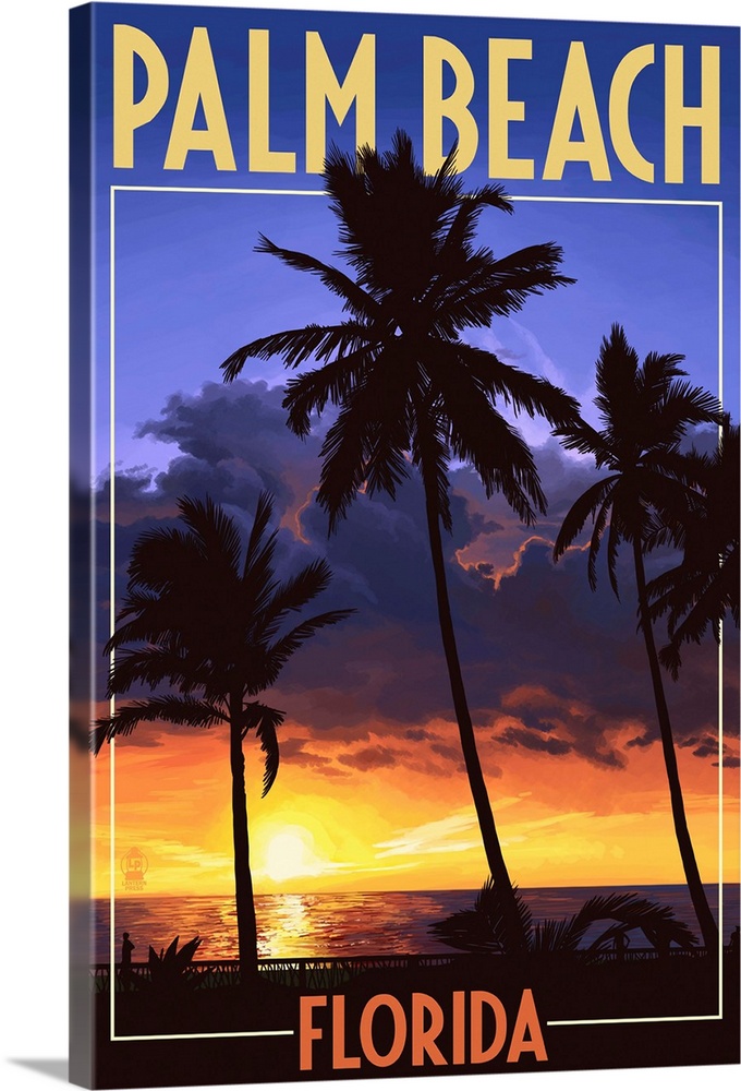 Palm Beach, Florida - Palms and Sunset: Retro Travel Poster