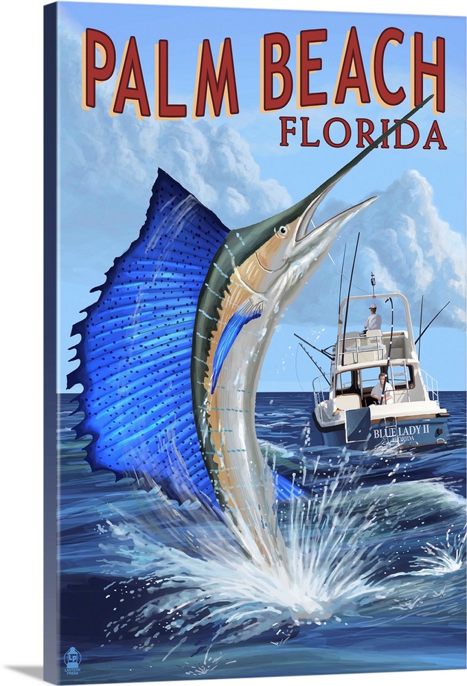 Palm Beach, Florida - Sailfish Scene: Retro Travel Poster