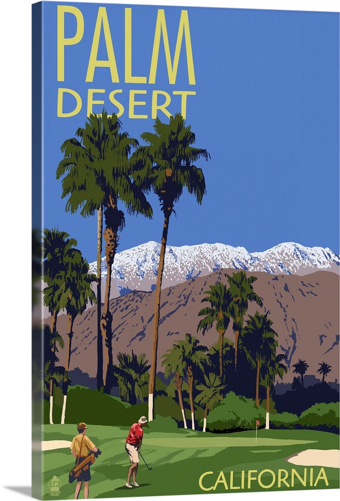 Retro stylized art poster of golfers on a golf course with tall palms and a mountainous background.