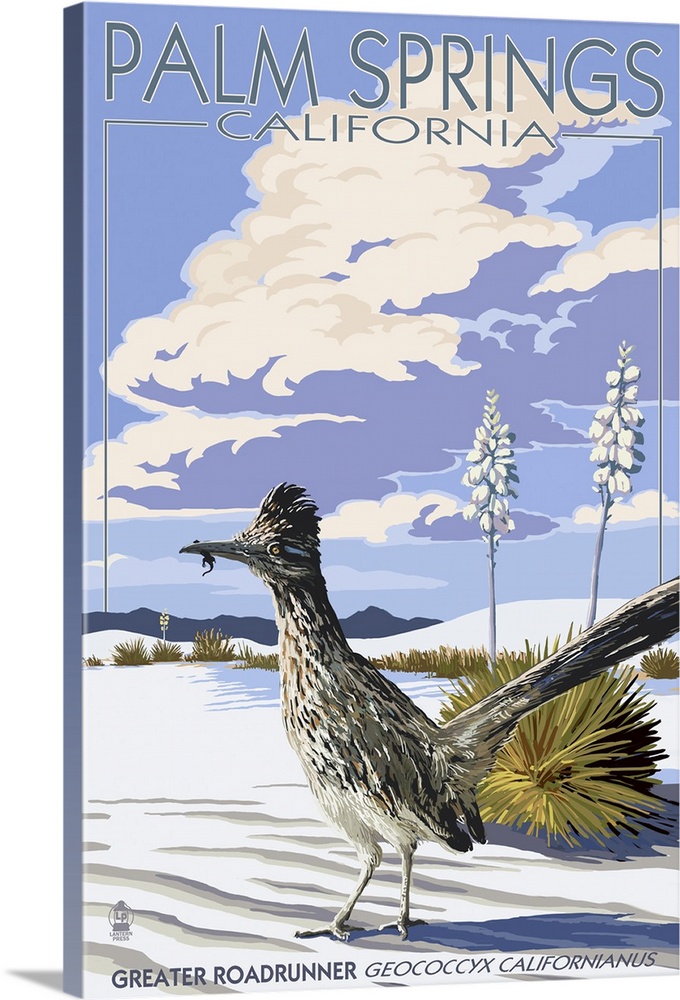 Retro stylized art poster of roadrunner bird standing on white desert sands.