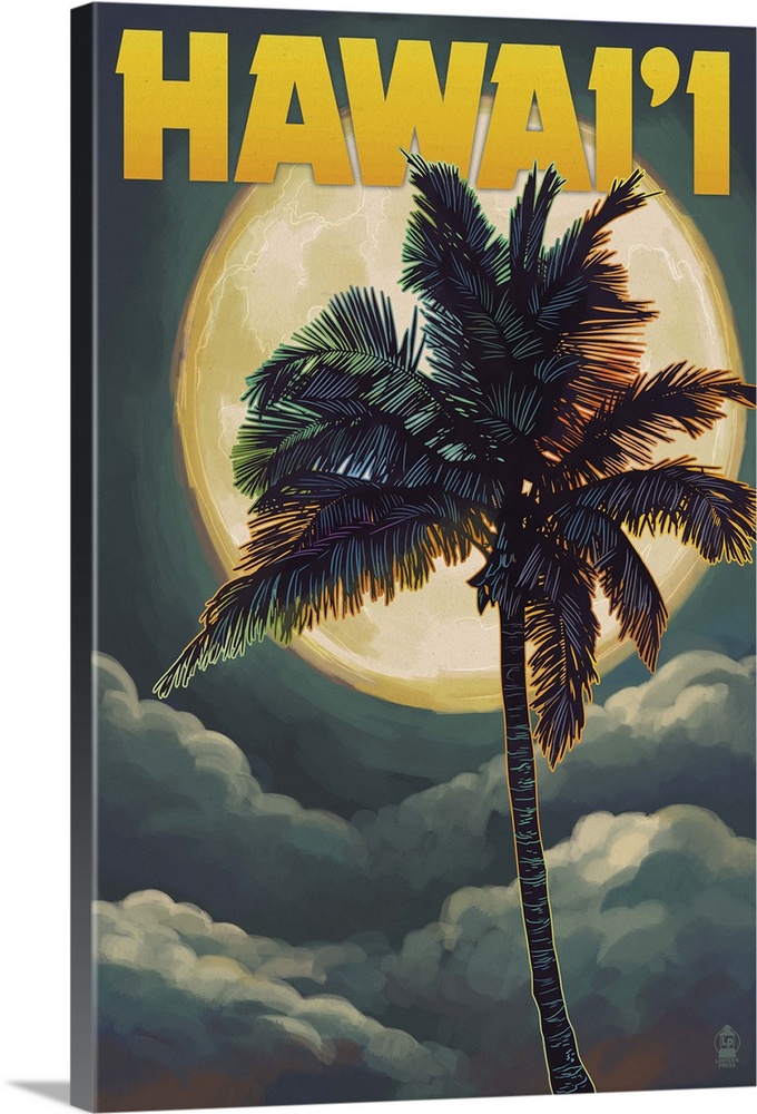 Palms and Full Moon - Hawaii: Retro Travel Poster