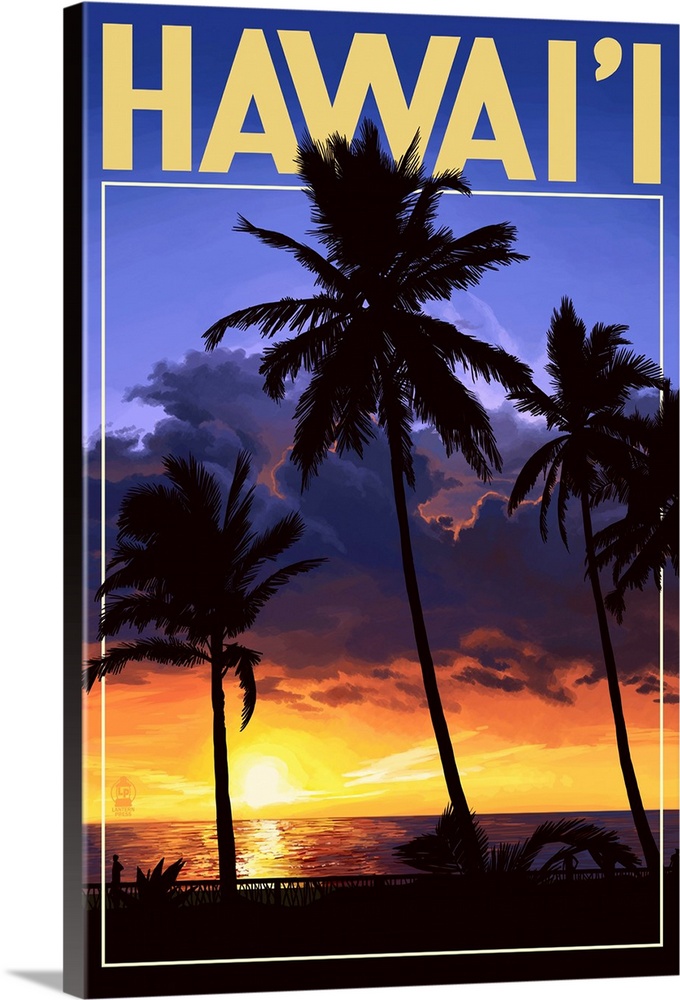 Palms and Sunset - Hawaii: Retro Travel Poster