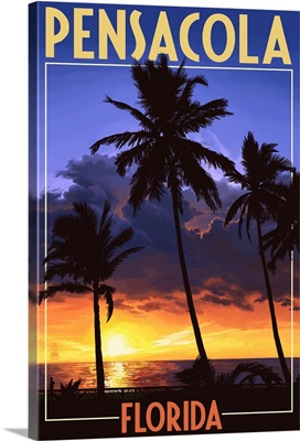 Palms and Sunset - Pensacola, Florida: Retro Travel Poster
