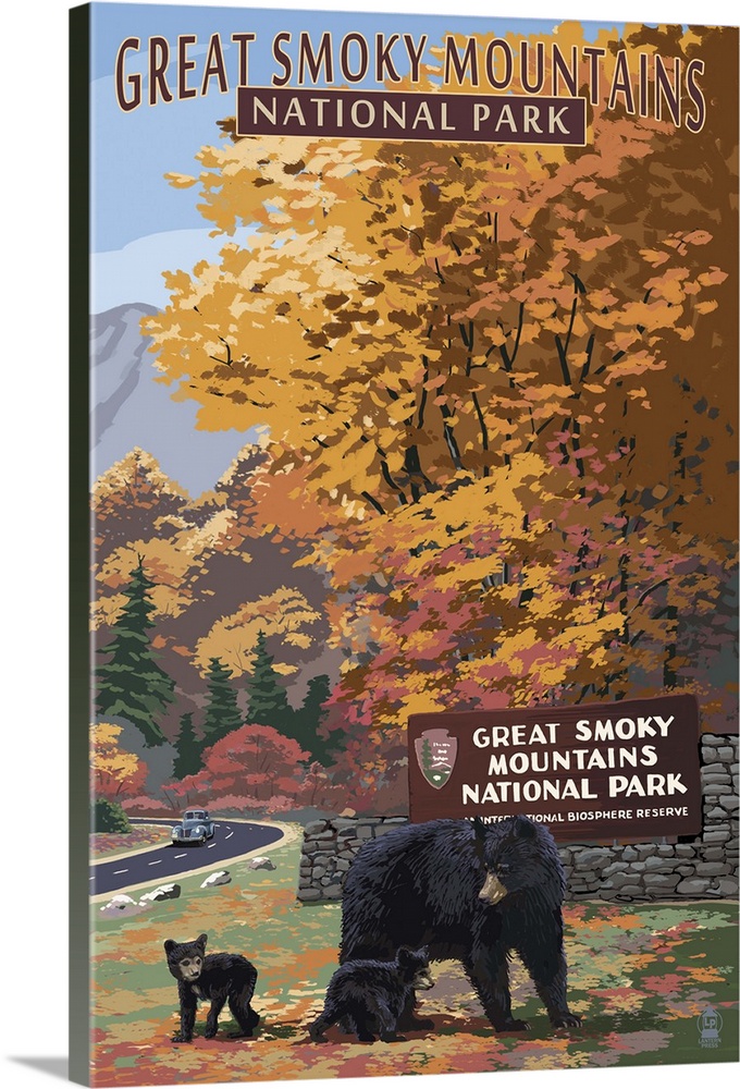 Park Entrance and Bears - Great Smoky Mountains National Park, TN: Retro Travel Poster