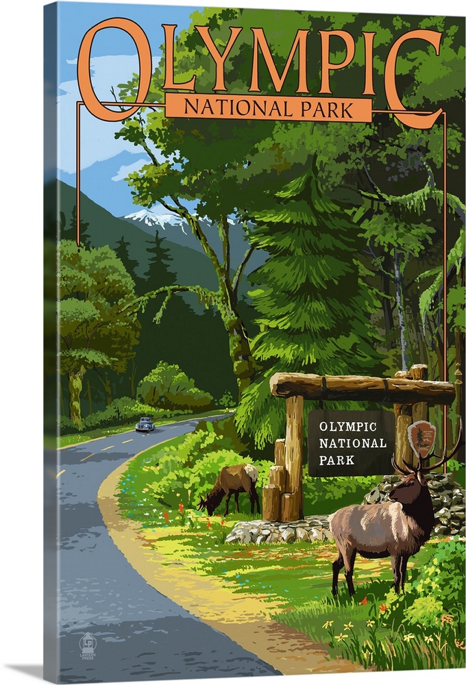 Park Entrance and Elk - Olympic National Park, Washington: Retro Travel Poster