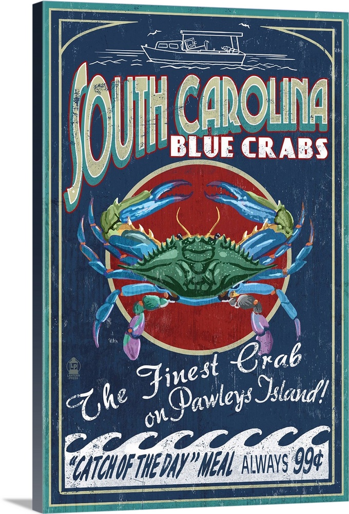 Pawleys Island, South Carolina - Blue Crabs Vintage Sign: Retro Travel Poster